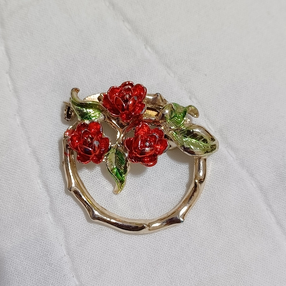 Vintage Silver-tone Enamel Red Roses Pin Brooch Signed ME - Picture 3 of 7